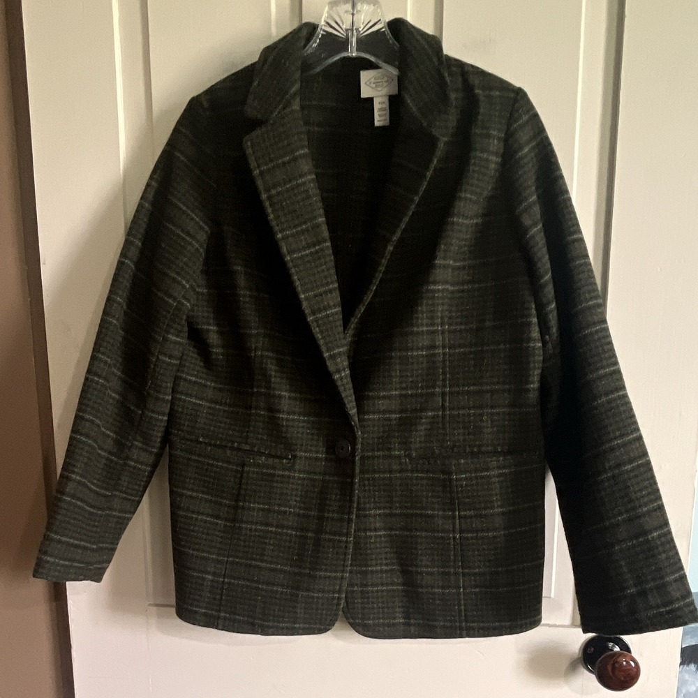St. John's Bay Petites PXS Green Plaid One-Button Blazer Notch Lapel Polyester